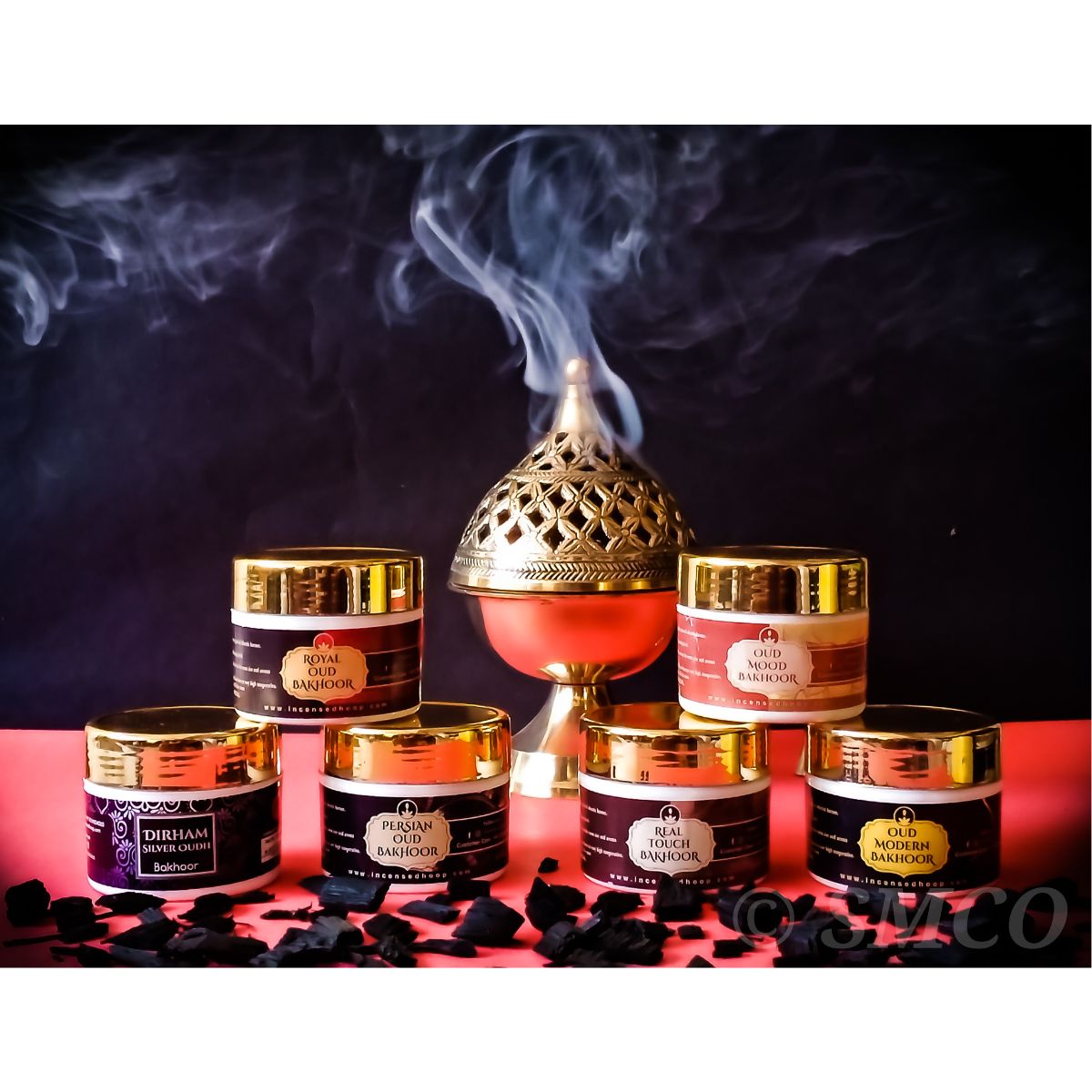 Oud Bakhoor (Set of 6 Fragrances) with Brass Loban Burner for Home Fragrance